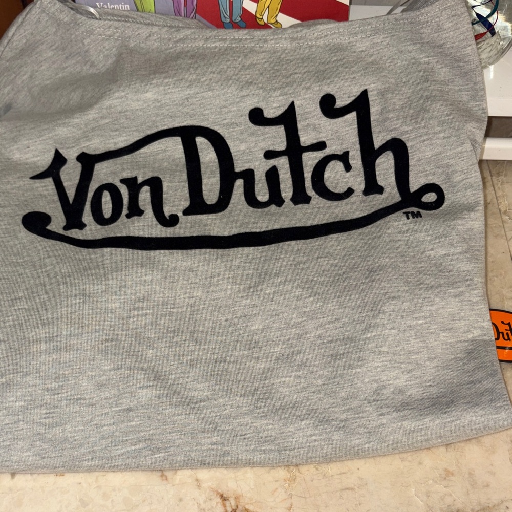 Von Dutch Heather Gray off the shoulder Sweatshirt with Black Logo - Picture 7 of 7